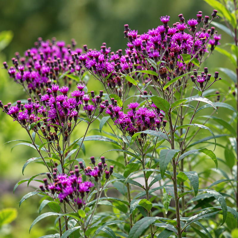 Purple wildflowers with green leaves blooming in a garden setting.