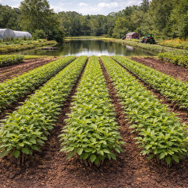Rows of Water Oak Seedlings with vibrant green leafy plants in neat farm field lines