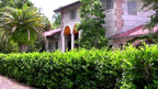 Stucco brick Mediterranean house with red tile roof and Wax Leaf Privet shrub