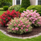 A landscaped garden bed in a residential yard, featuring vibrant pink and red flowering shrubs with variegated green and cream foliage, planted in dark brown mulch and bordered by a stone curb and green lawn.