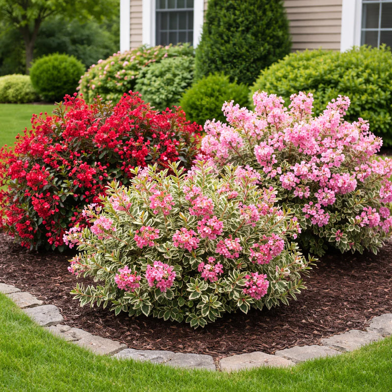 A landscaped garden bed in a residential yard, featuring vibrant pink and red flowering shrubs with variegated green and cream foliage, planted in dark brown mulch and bordered by a stone curb and green lawn.