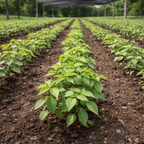 Rows of vibrant green White Dogwood seedlings in neat lines under shade net