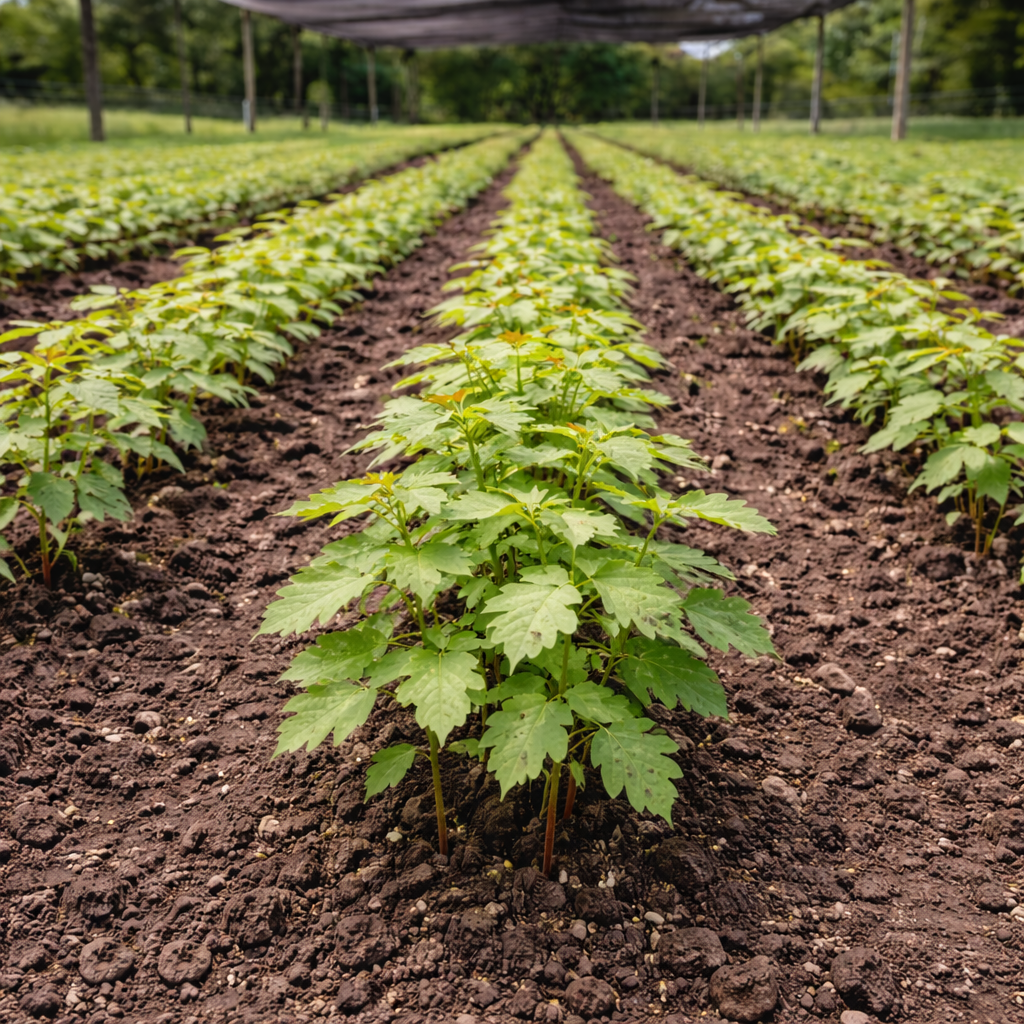 Rows of vibrant White Oak Seedlings cannabis plants in neat lines under canopy