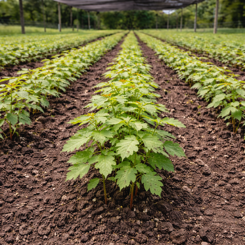 Rows of vibrant White Oak Seedlings cannabis plants in neat lines under canopy