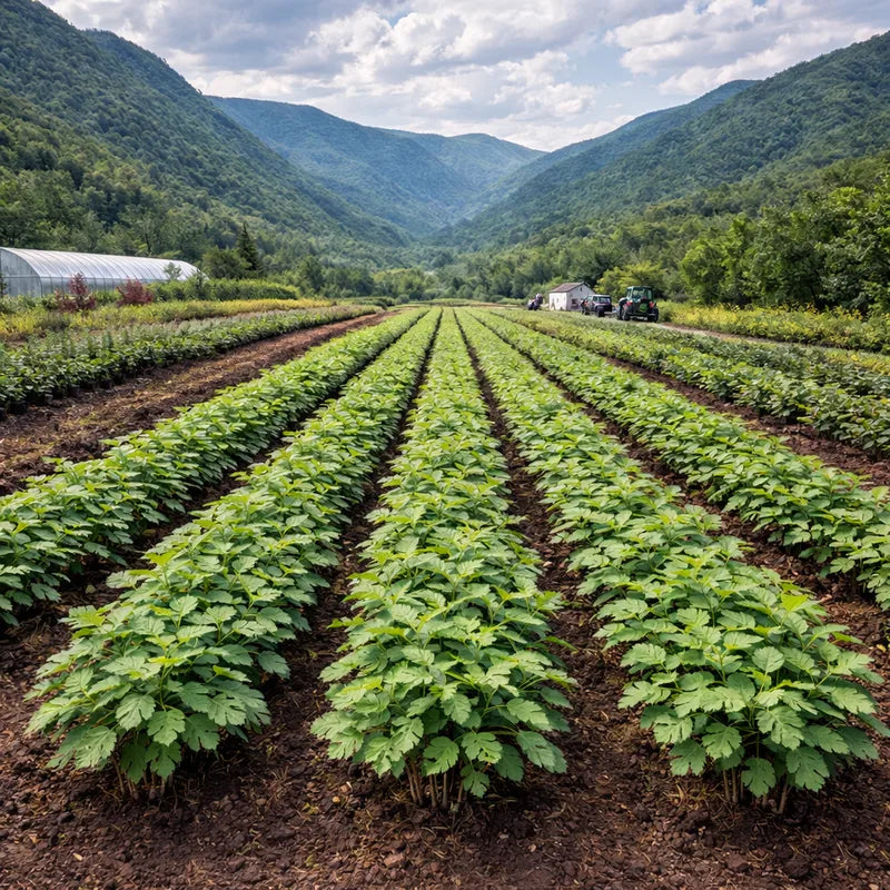 Rows of potato plants growing in a mountain valley with farm equipment and buildings visible in the distance - TN Nursery