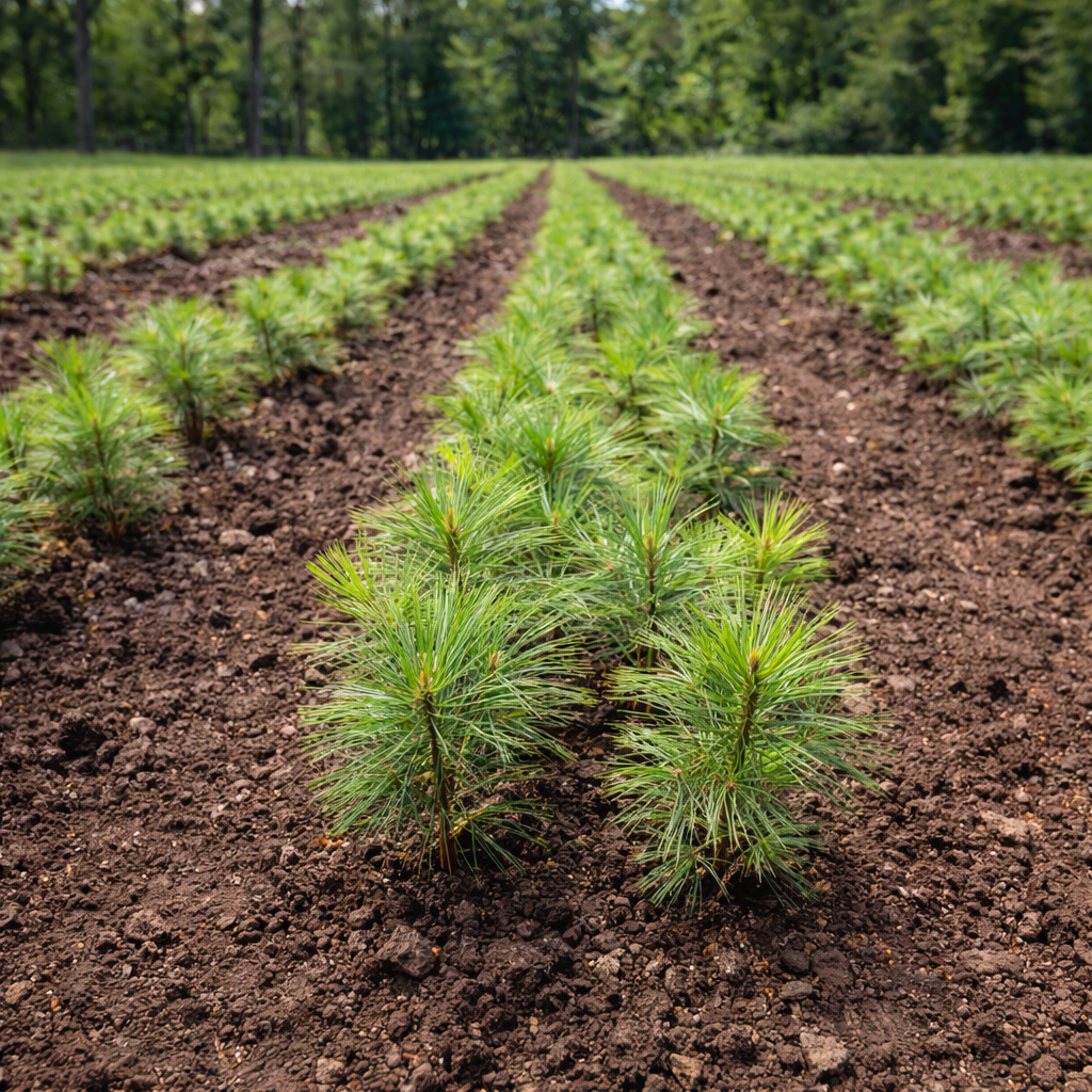 Rows of White Pine Seedlings with vibrant green needles in neat lines on dark soil
