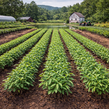 Rows of vibrant Willow Oak seedlings in neat farm field lines