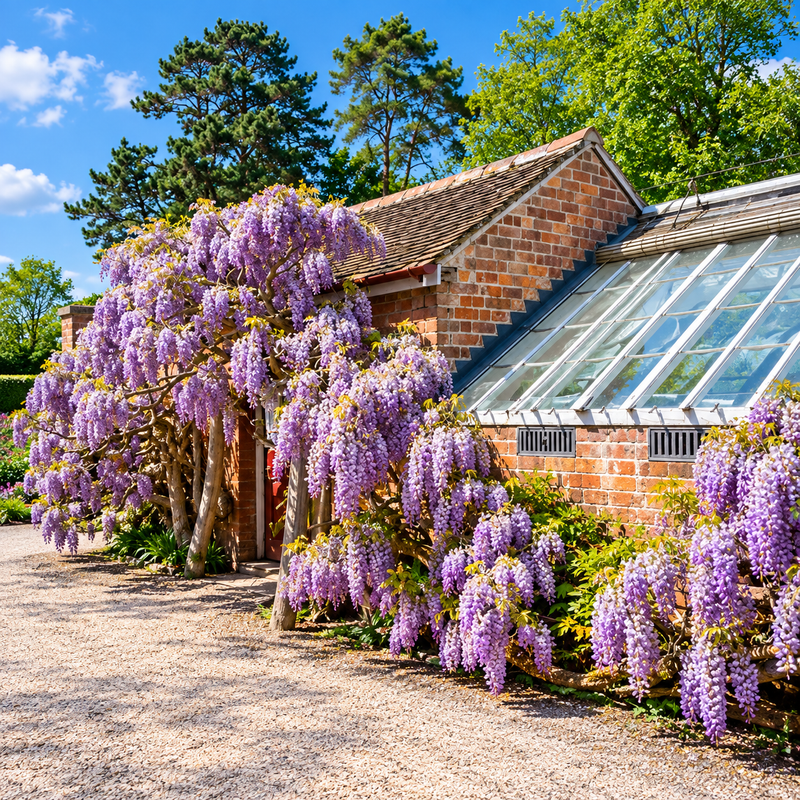 A brick building with a glass conservatory roof is surrounded by abundant blooming purple wisteria flowers, green trees, and a gravel path under a bright blue sky.