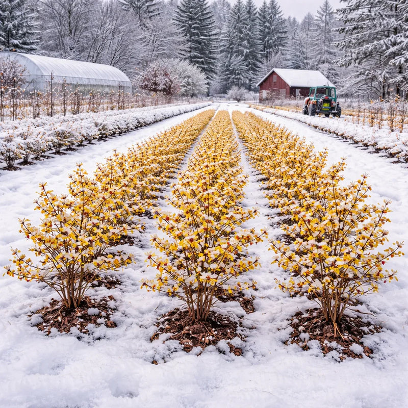 Yellow flowering shrubs in snowy field with red barn and tractor in winter landscape - TN Nursery
