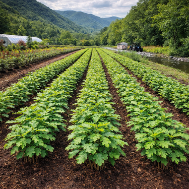 Rows of vibrant green fig trees in lush forested valley for Black Oak Seedlings