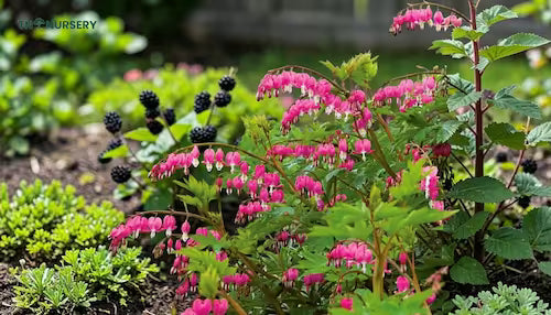 Pink bleeding heart flowers with green leaves and black berries in a garden setting.