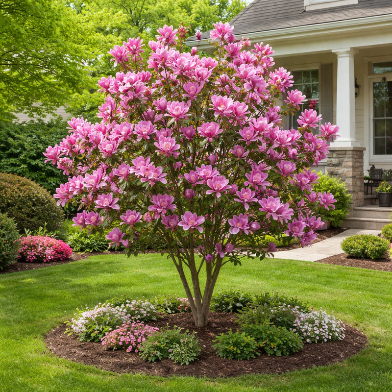 A flowering magnolia tree with vibrant pink blossoms planted in a landscaped garden bed in front of a house with white columns and a stone facade.