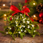 A small mistletoe sprig with green leaves and white berries tied at the top with a bright red ribbon, placed on a rustic wooden surface with blurred holiday lights and pine branches in the background.
